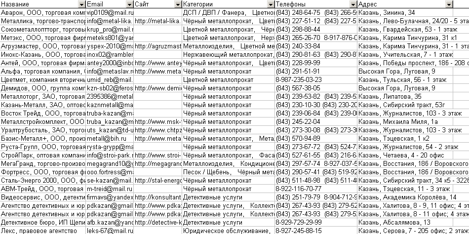 Скриншот базы данных организаций Казани