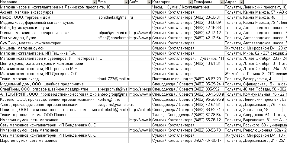 Скриншот базы данных организаций Тольятти
