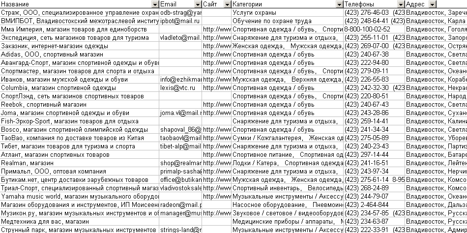 Скриншот базы данных организаций Владивостока