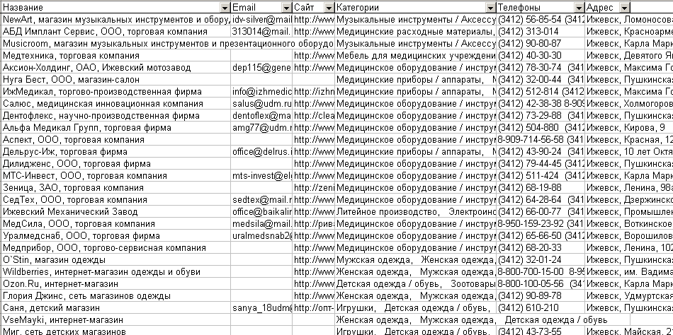 Скриншот базы данных организаций Ижевска