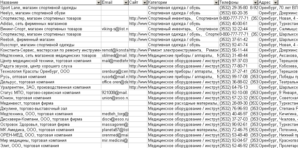 Скриншот базы данных организаций Оренбурга