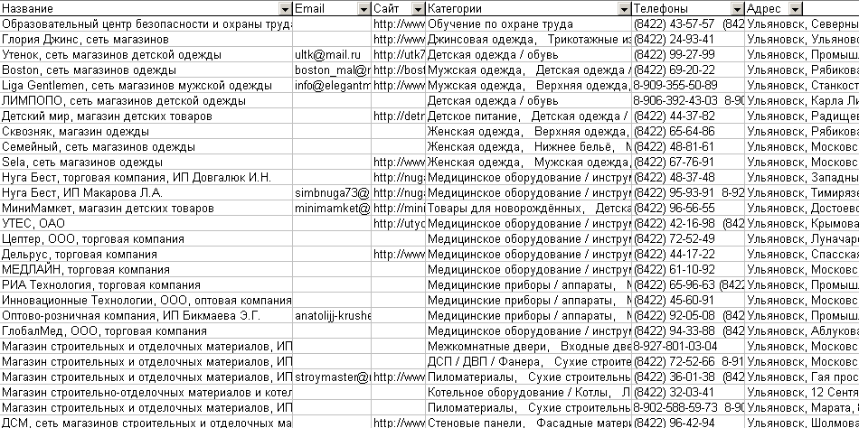 Скриншот базы данных организаций Ульяновска и Ульяновской области