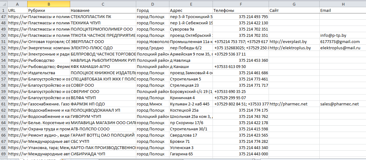 Файл Excel с контактными данными организаций с B2b.By