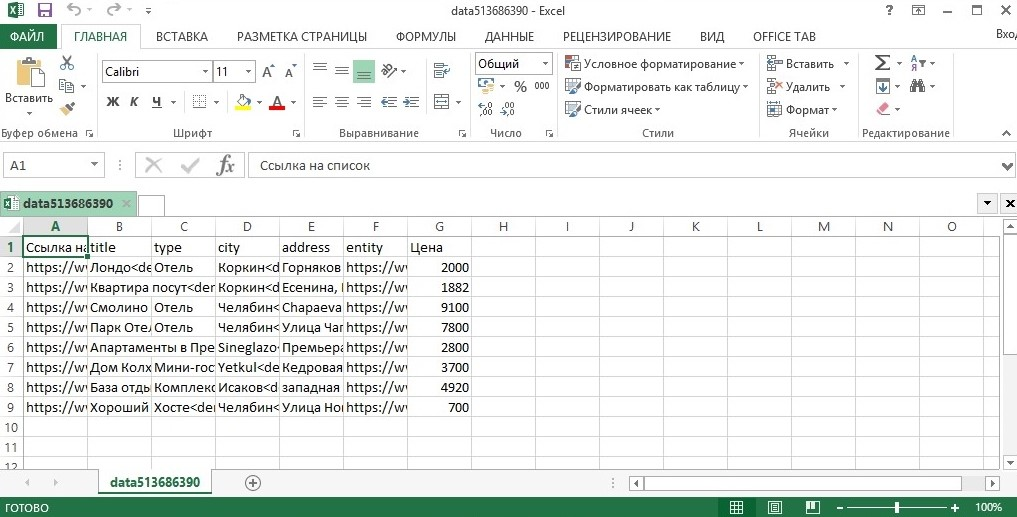 Файл Excel с данными гостиниц с Booking.com