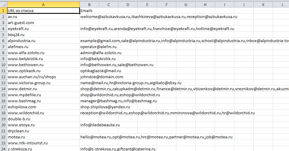 Файл Excel с электронной почтой с просканированных сайтов