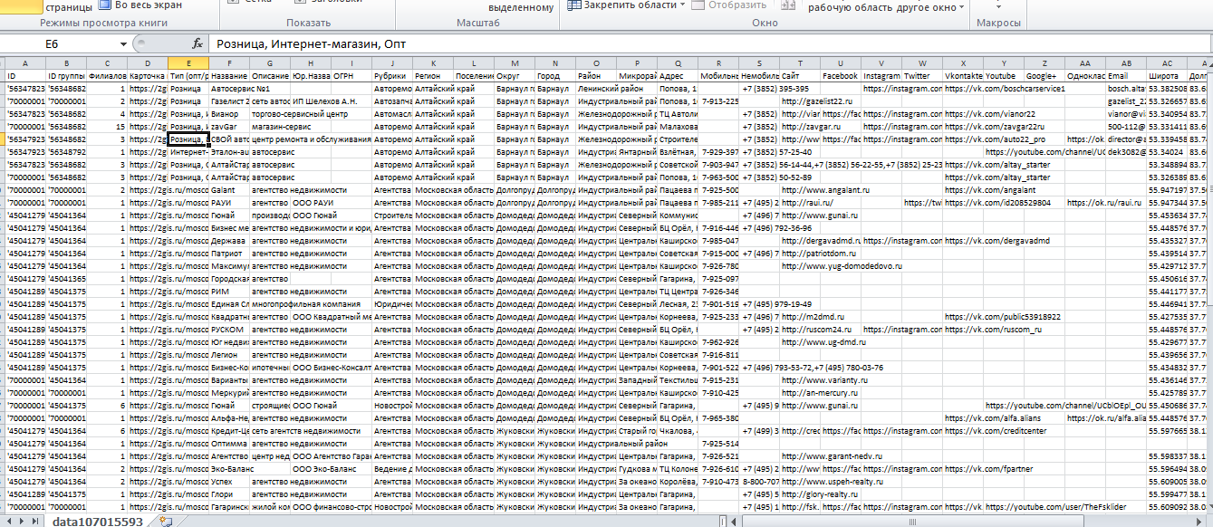 Файл Excel с контактными данными организаций из 2GIS