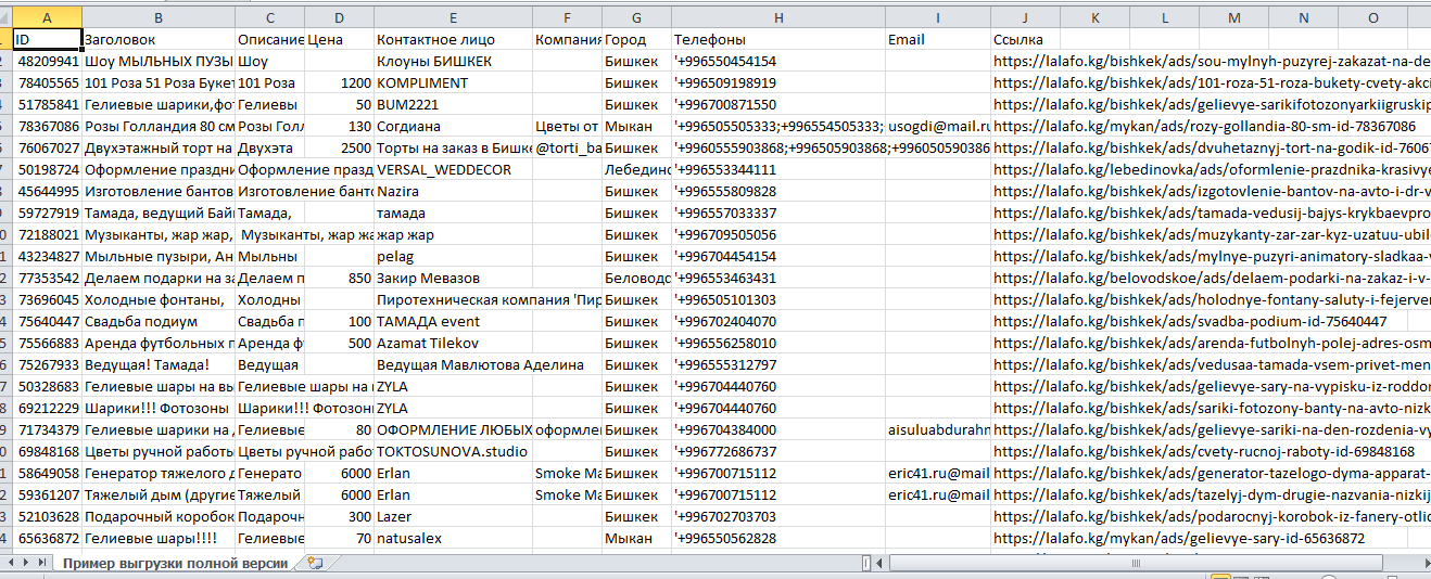 Файл Excel с контактными данными с Lalafo.kg