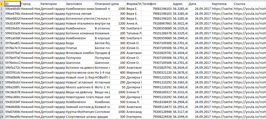 Файл Excel с контактными данными с youla.ru