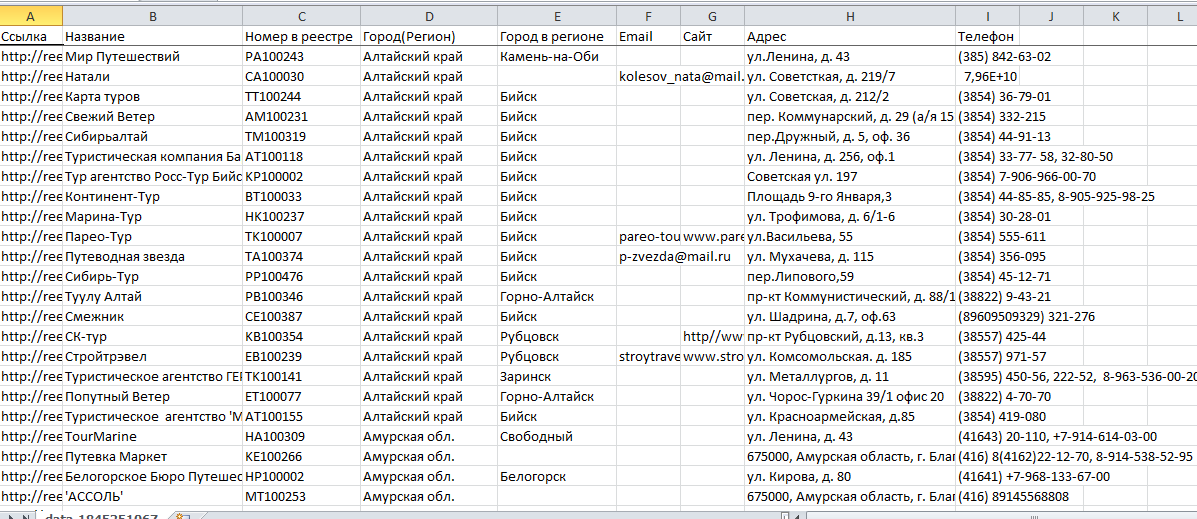 Файл Excel с контактными данными туристических агентств с Reestr-TA.ru