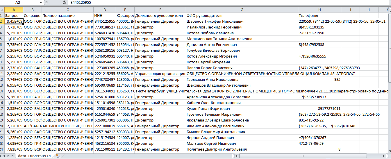 Файл Excel с контактными данными организаций с Zachestnyibiznes.Ru