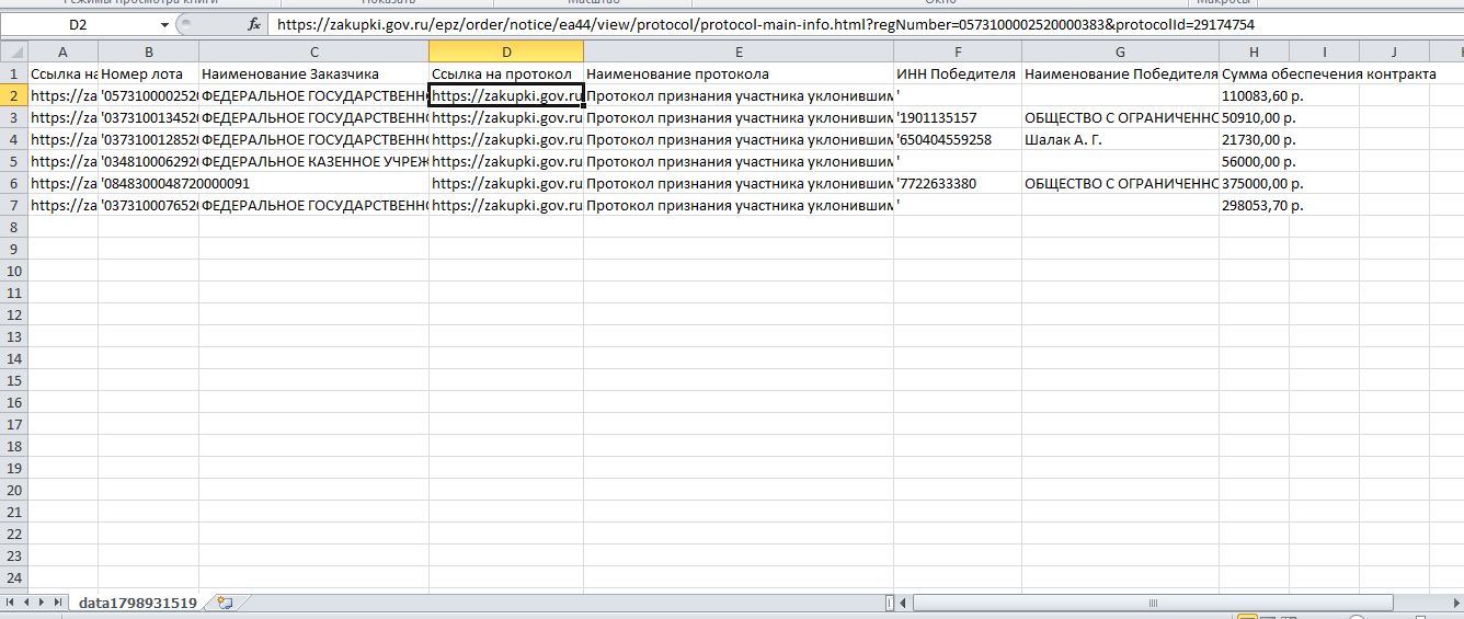 Файл Excel с данными об уклонившихся участниках госзакупок